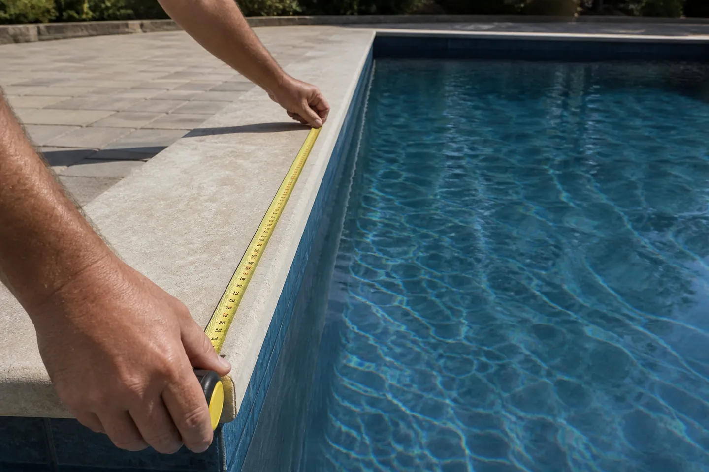 Measuring a rectangular pool along the coping with a tape