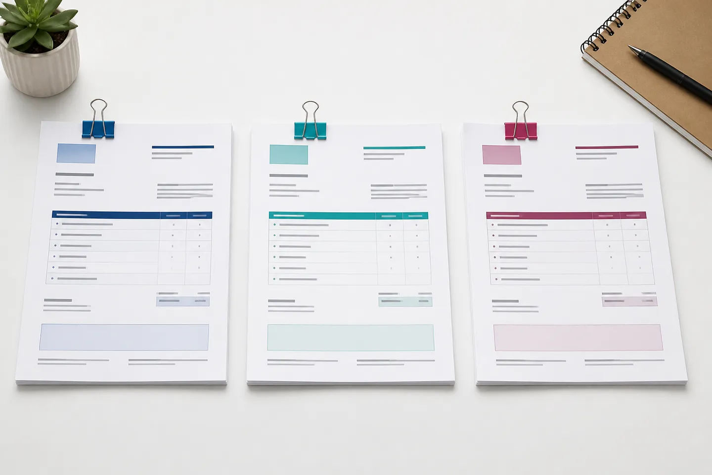 Three quotation packets laid out for comparison