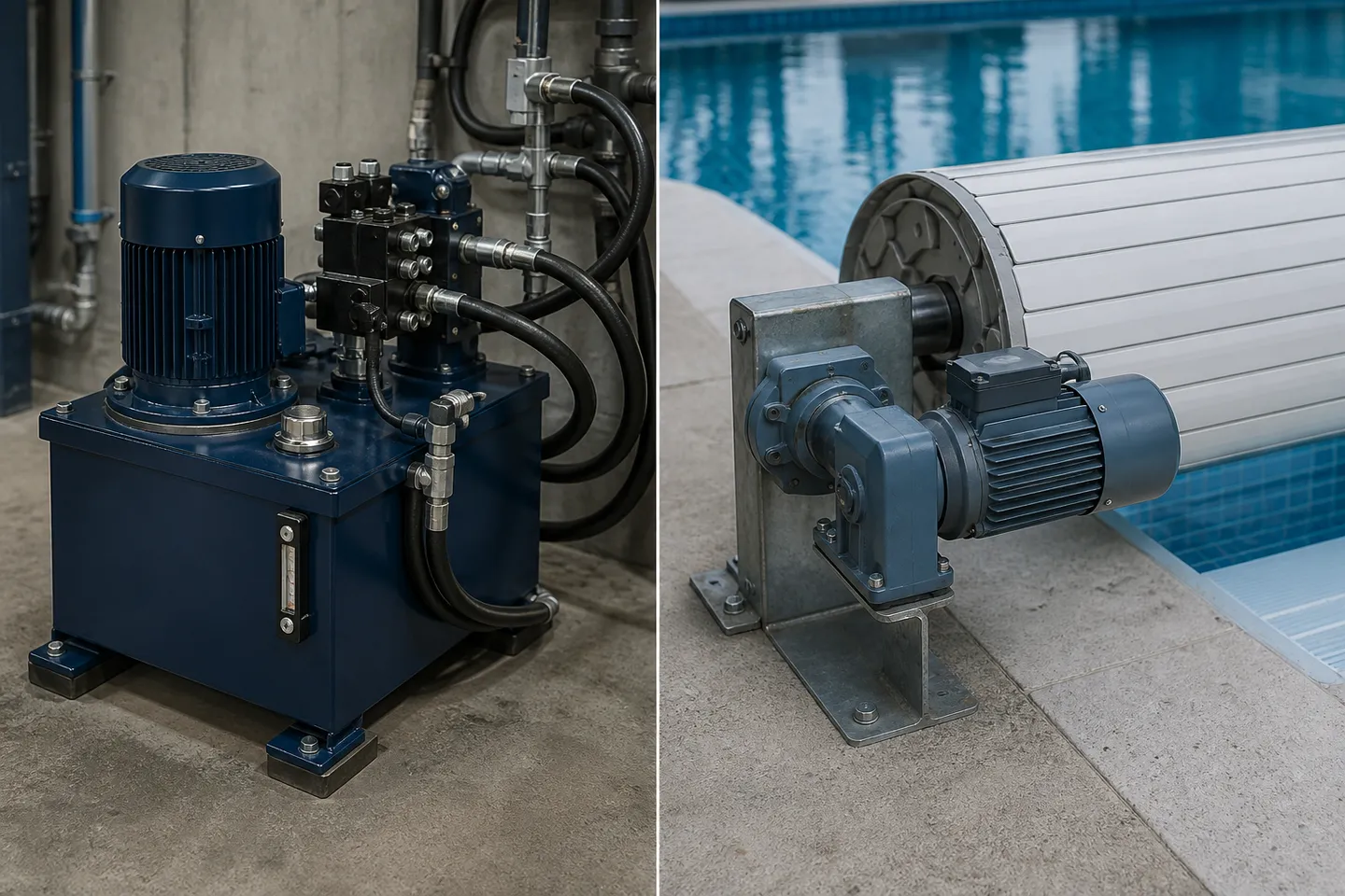 Hydraulic power unit and electric cover motor in a pool plant setting