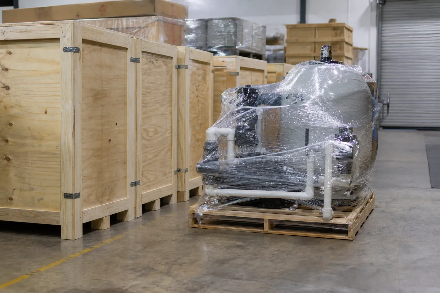 Export crates and a pallet of wrapped pool equipment in a warehouse
