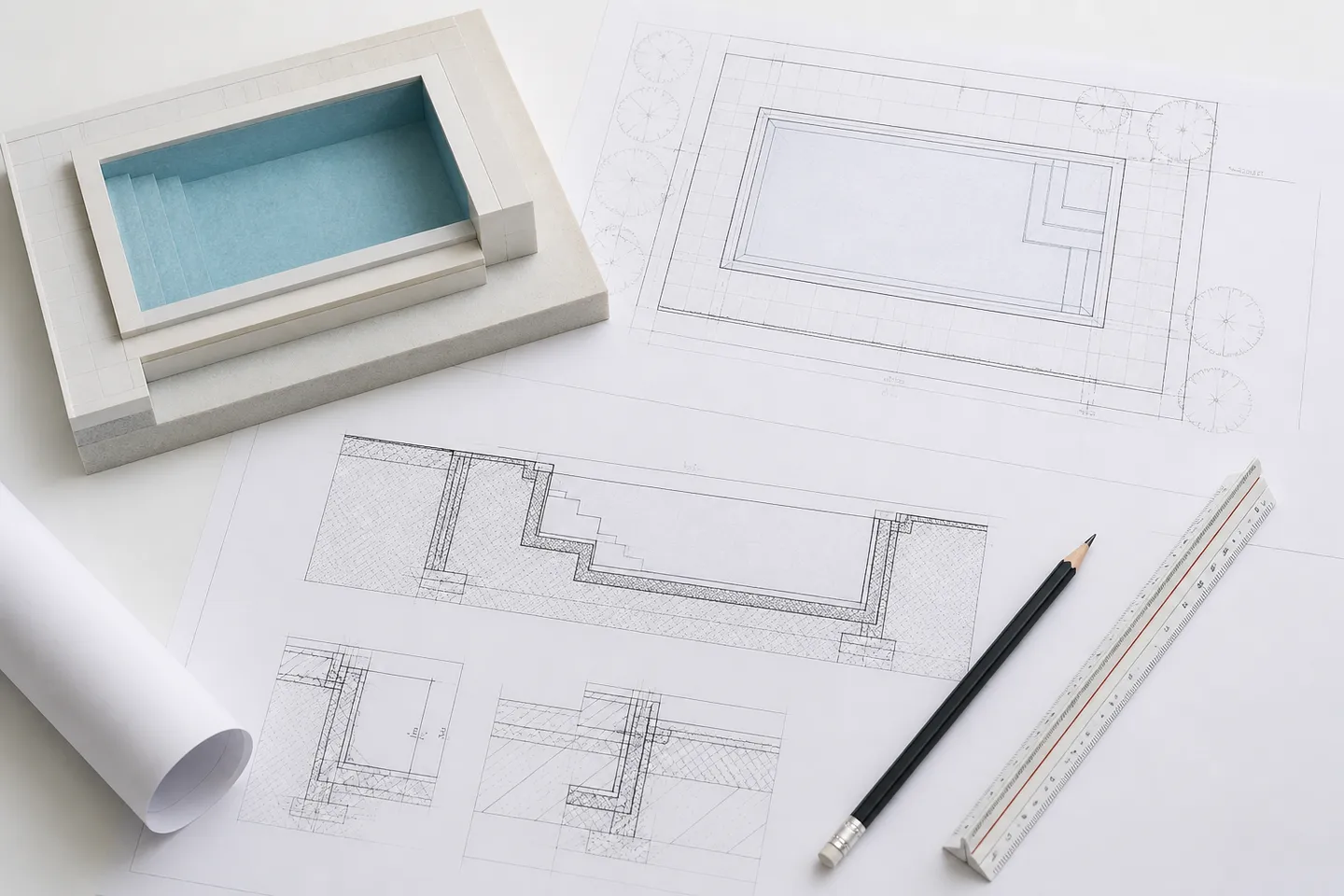 Pool construction drawings and a small rectangular pool model on a table