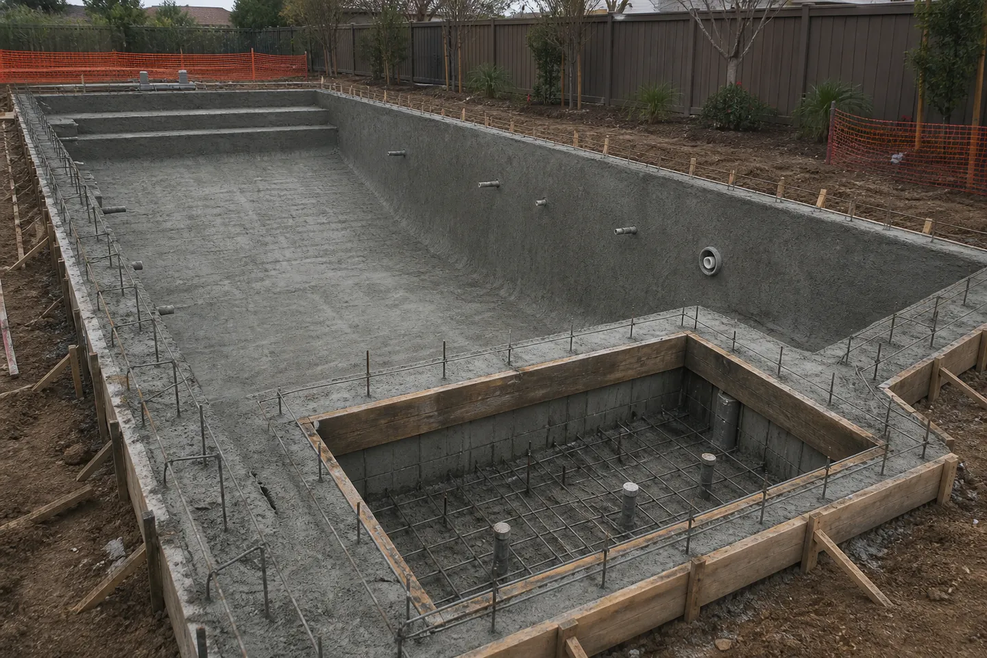 New concrete pool shell with a formed cover housing pit
