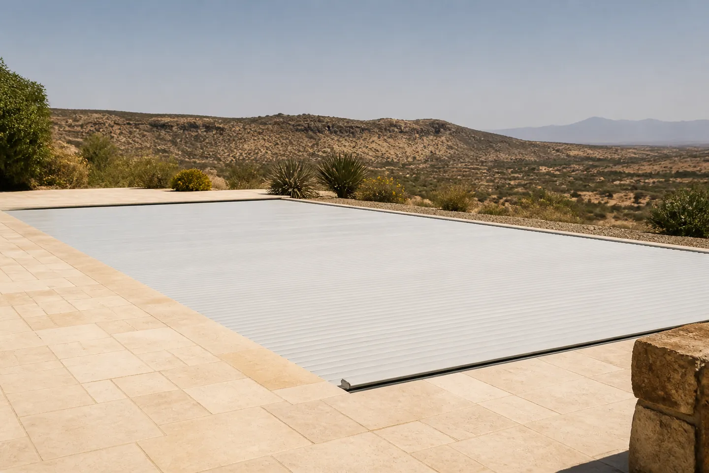 Covered outdoor pool in a hot, dry landscape