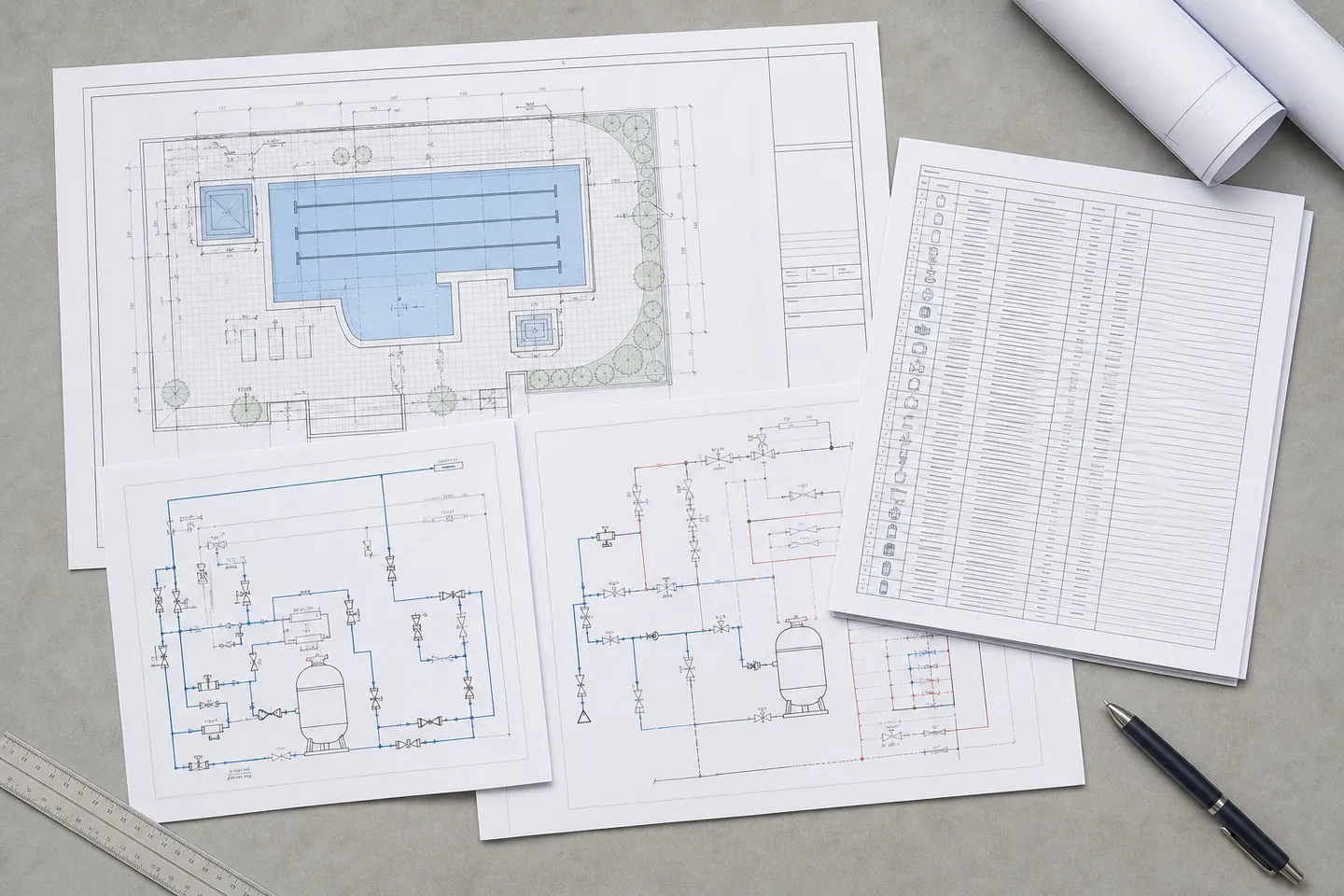Pool arrangement drawings and a printed bill of materials