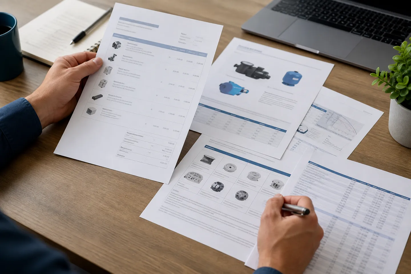 Buyer reviewing printed pool equipment quotations and data sheets