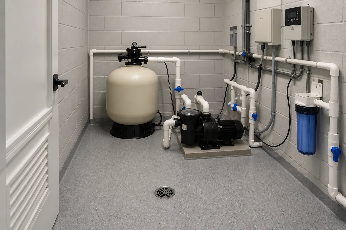 Pool equipment room with service clearance around pump and filter