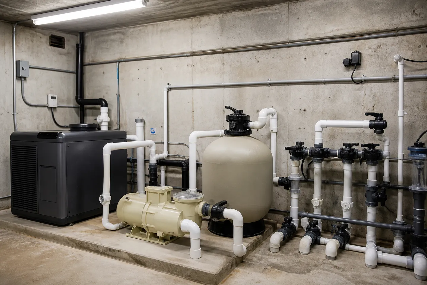 Residential pool equipment room with pump, filter, heater and valves