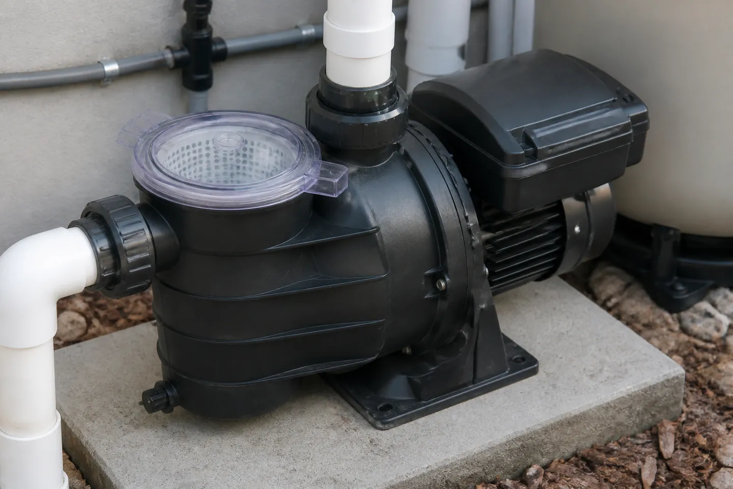 Variable-speed swimming pool pump on a concrete equipment pad
