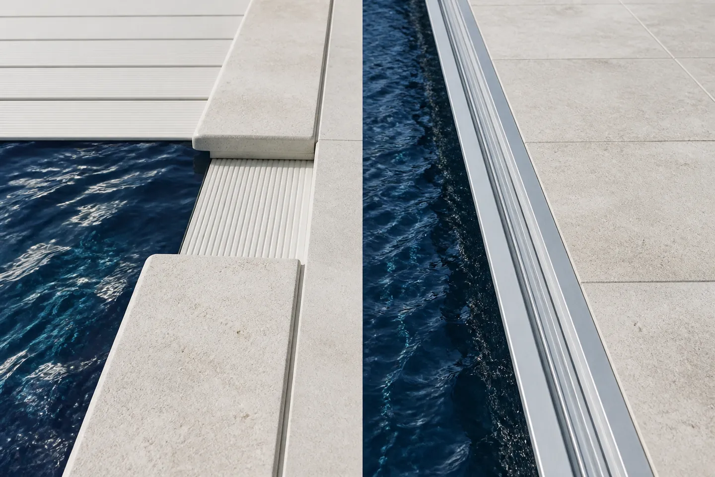 Pool coping showing recessed cover track and deck-mounted toptrack
