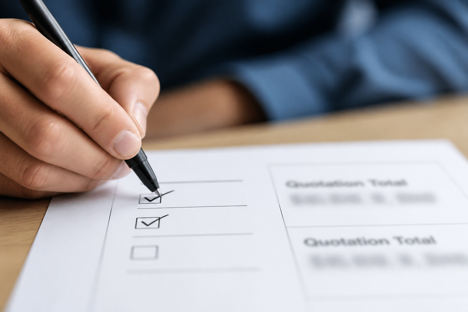 Checklist being marked beside blurred quotation totals