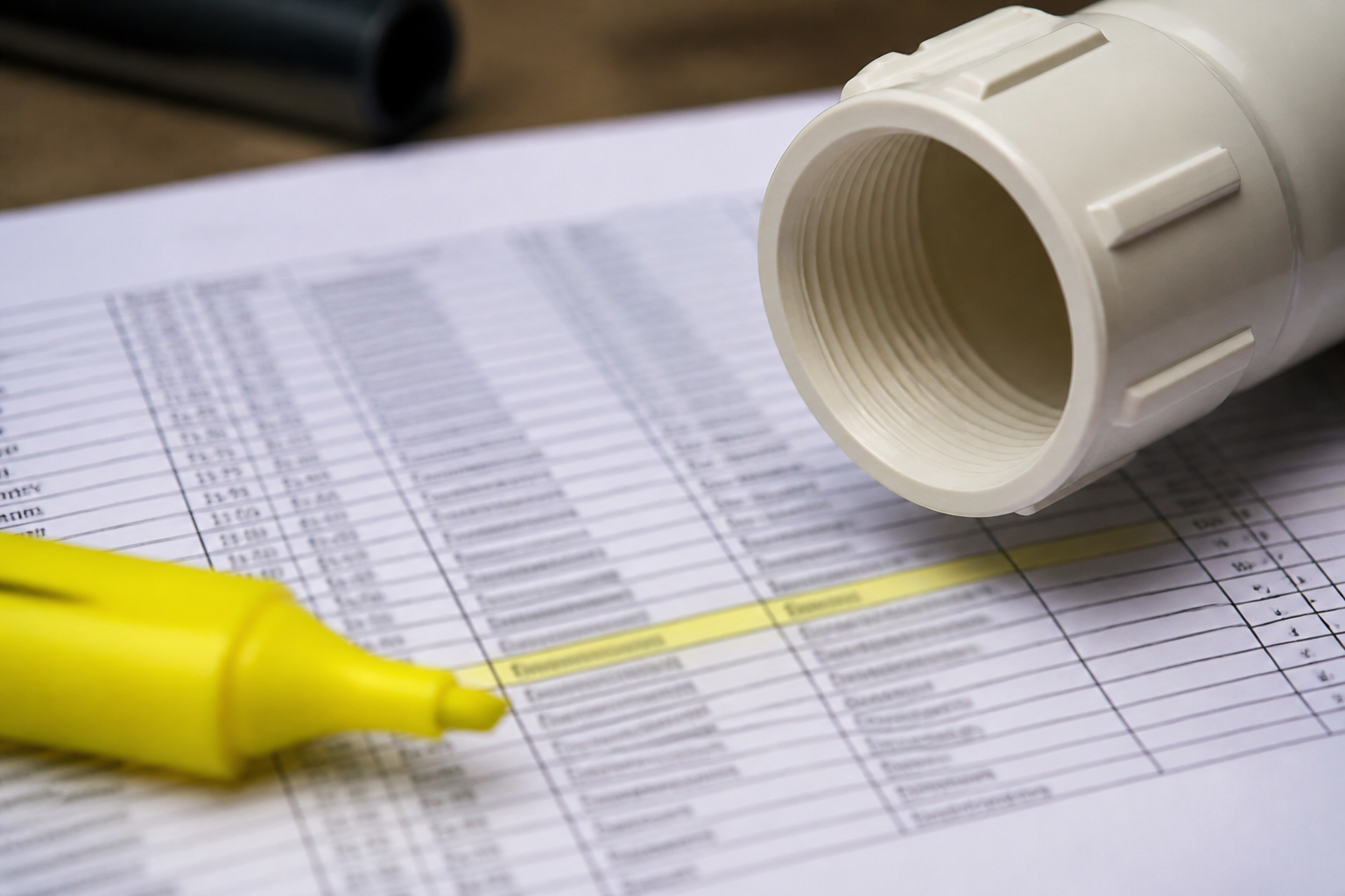 Highlighted equipment list beside a pipe fitting