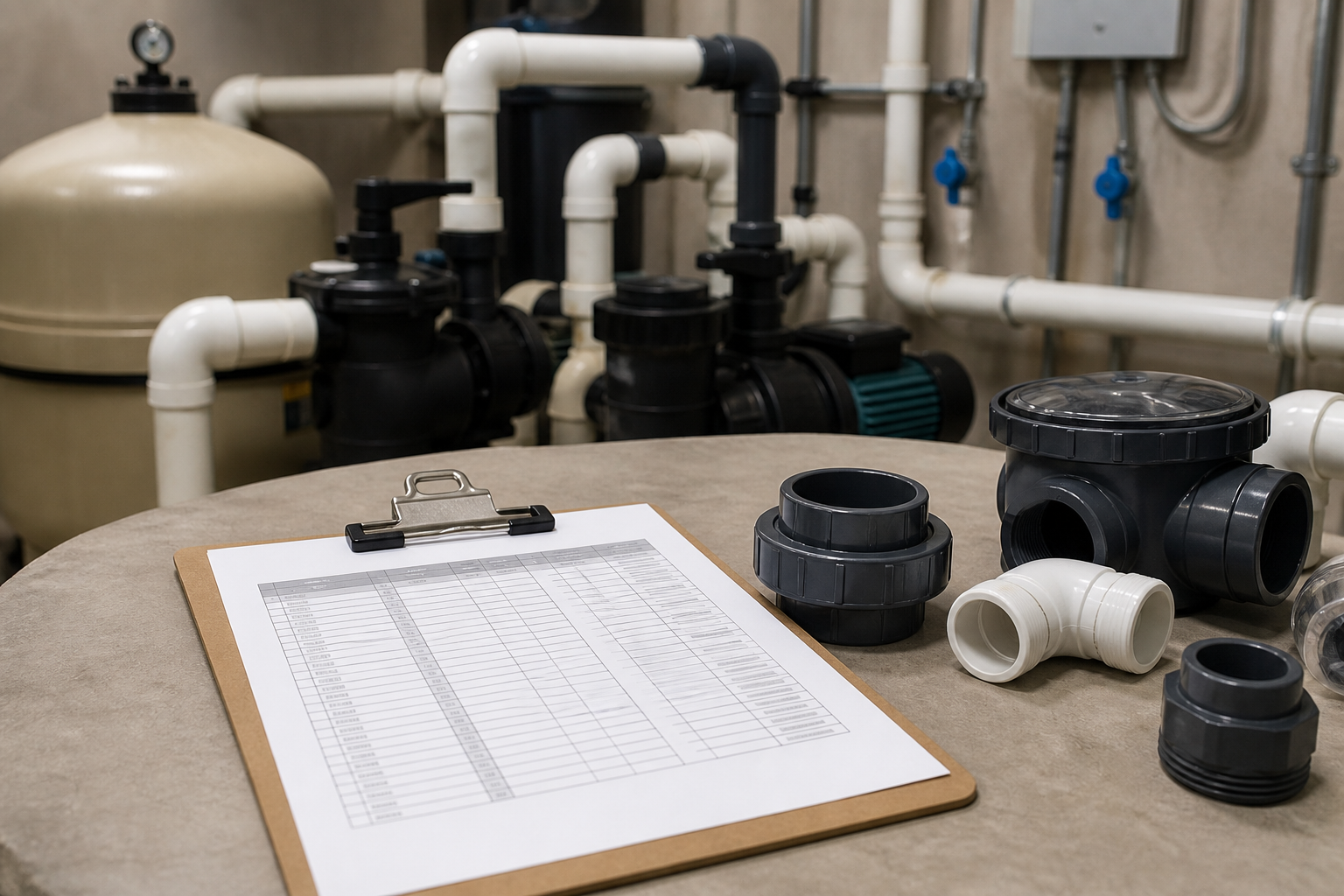 Printed equipment schedule on a plant-room table