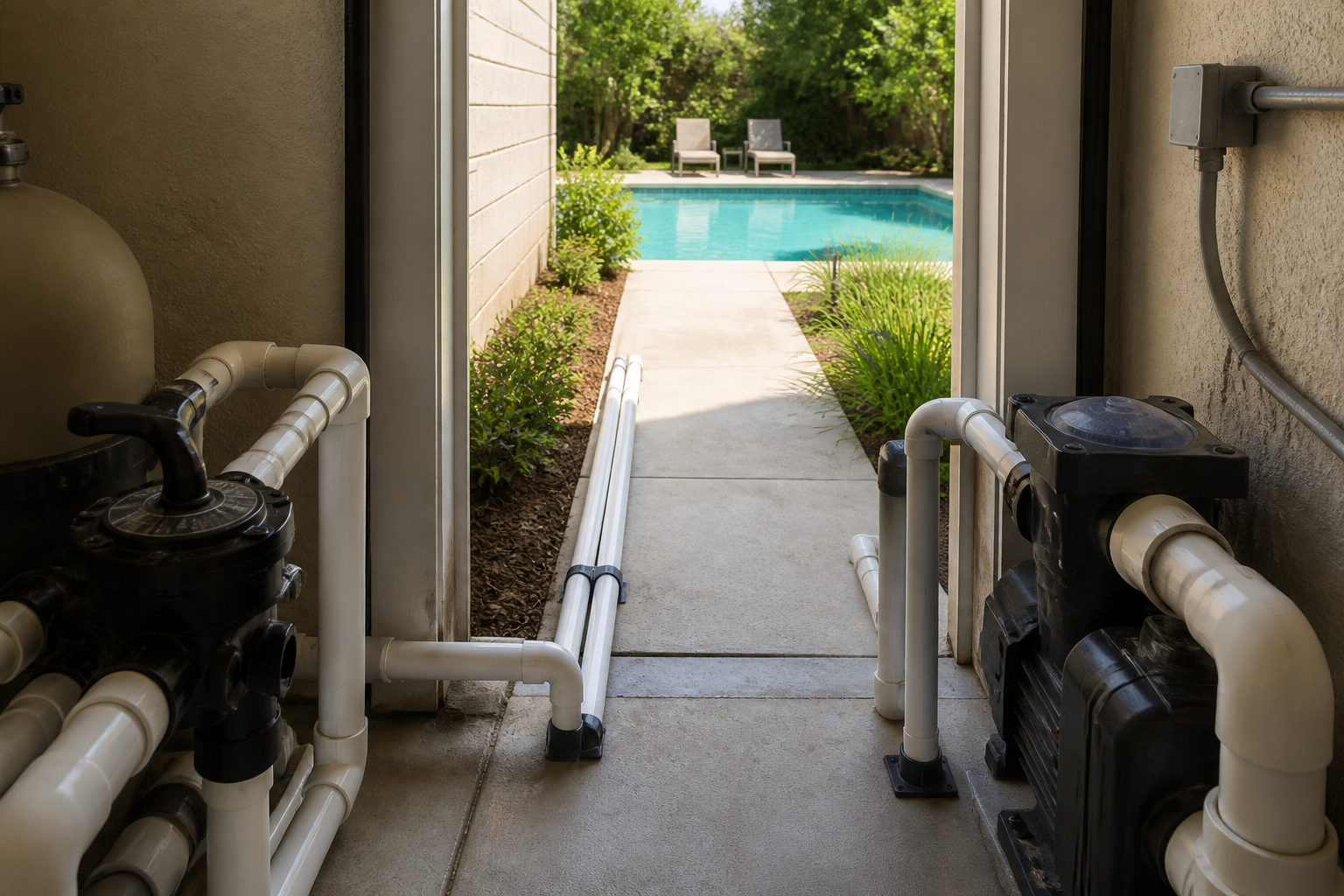 View from a plant-room doorway toward the pool