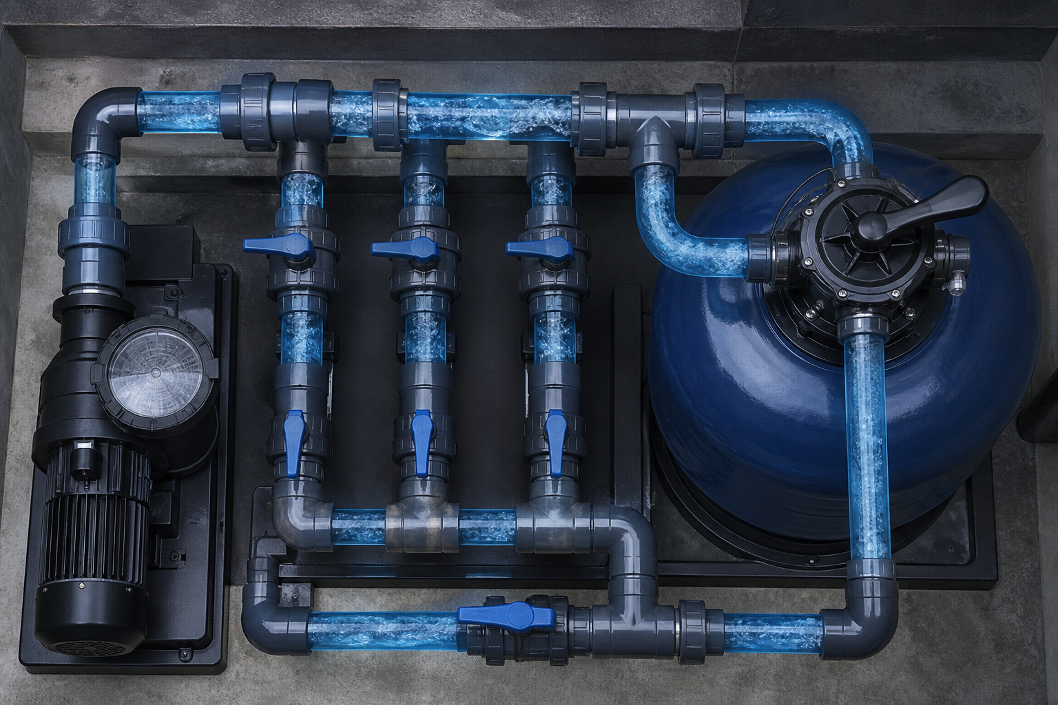 Pool piping manifold and valves in a plant room