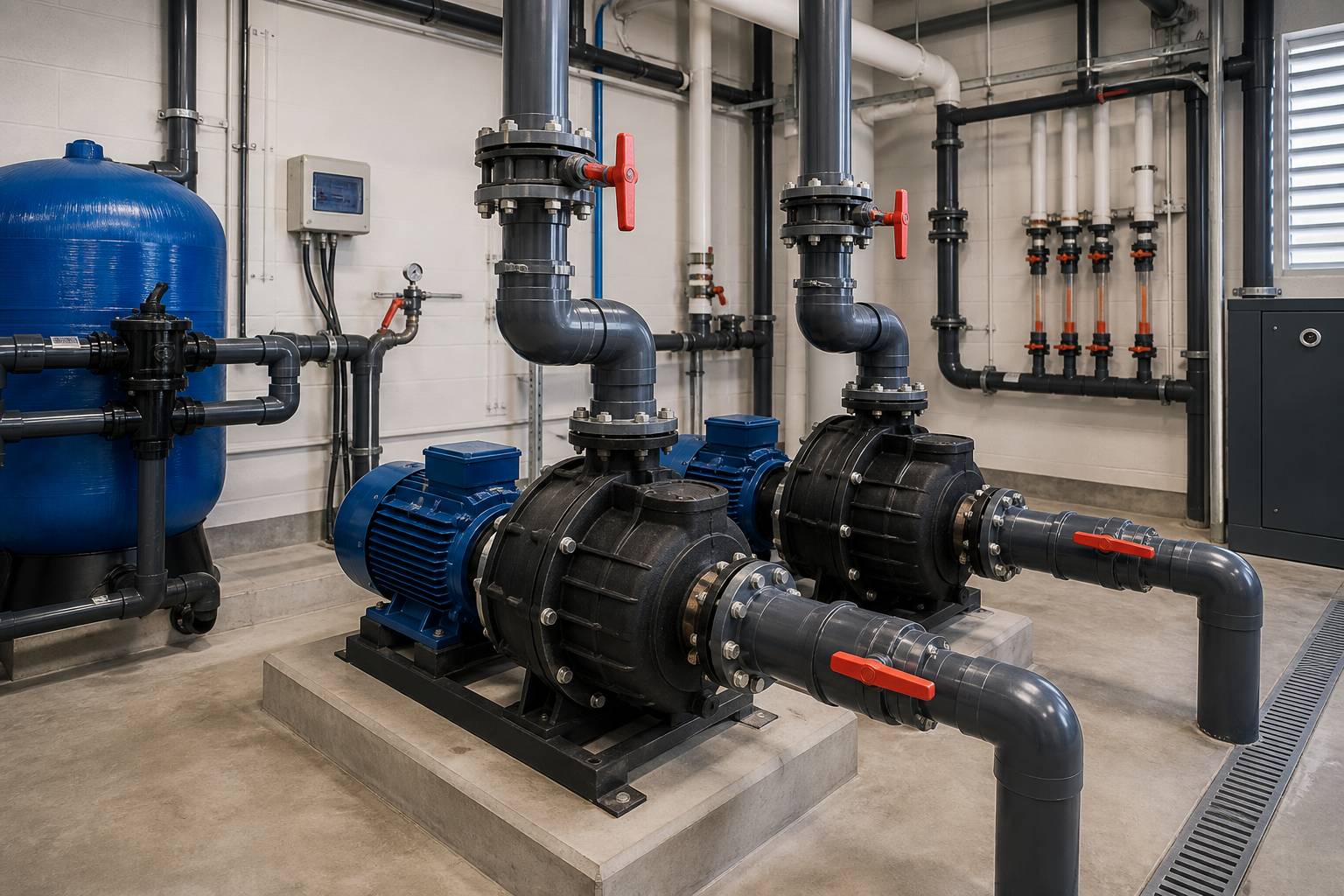 Commercial plant room with two pumps as a duty and standby pair