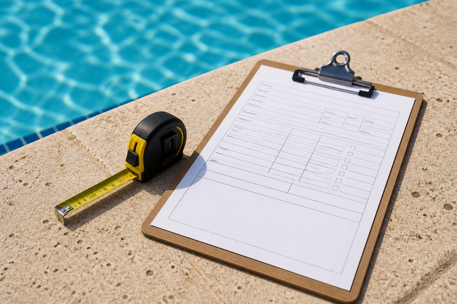 Measurement clipboard and tape on a pool deck