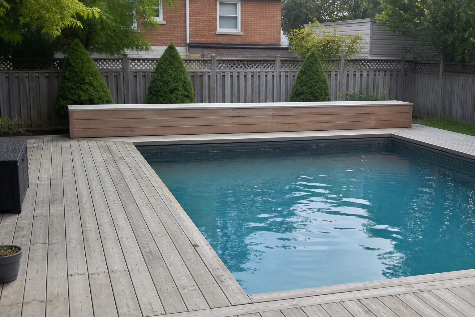 Existing pool with an above-deck bench housing for a retrofit cover