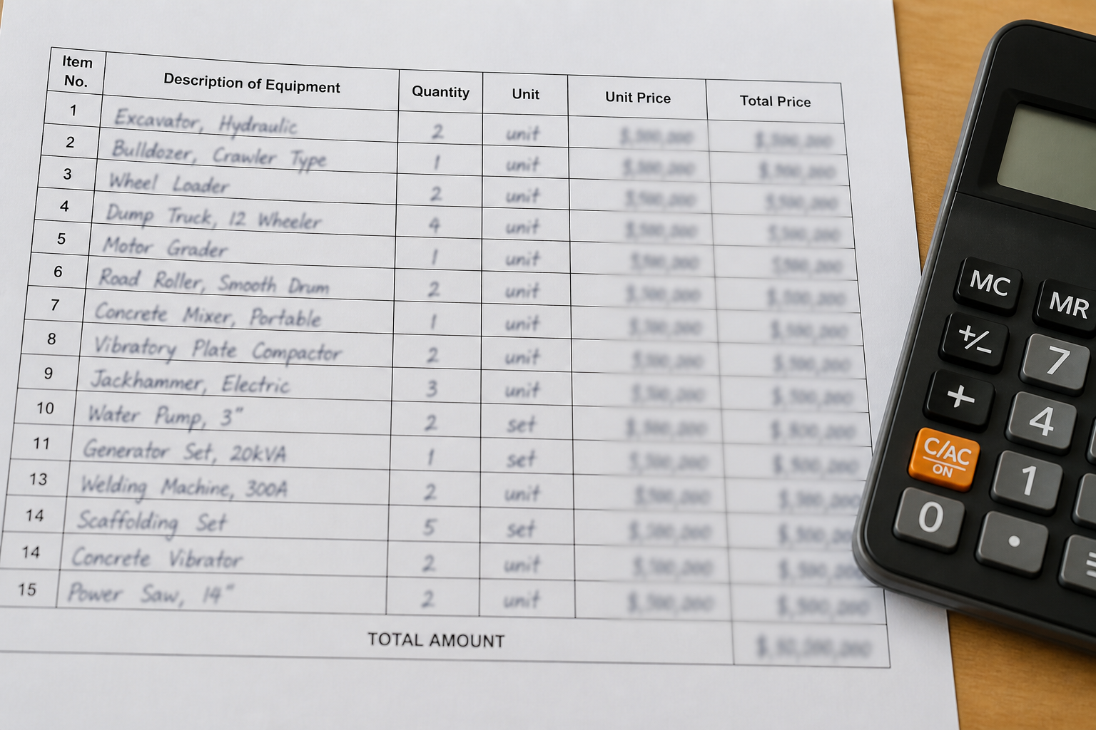 Line-item quotation table beside a calculator