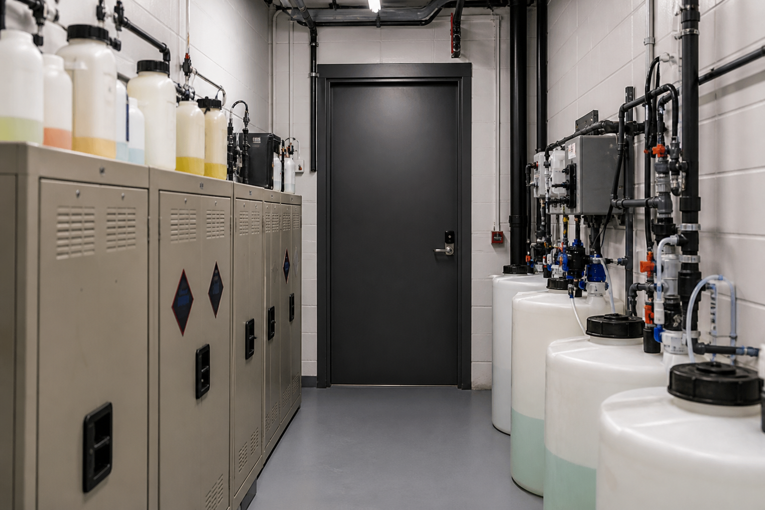 Commercial plant room with two circulation pumps arranged as a duty and standby pair