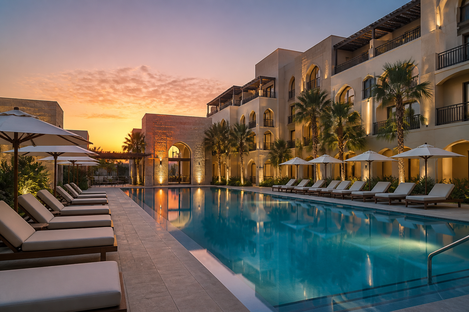 Hotel courtyard swimming pool with a commercial plant-room door visible at the far end