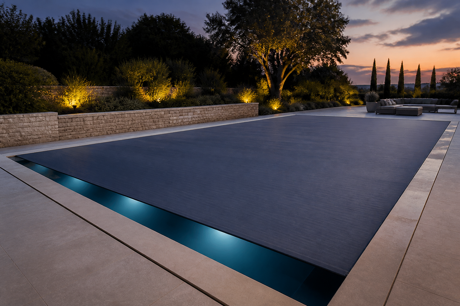 Twilight rectangular pool with a dark automatic cover partly extended over lit water