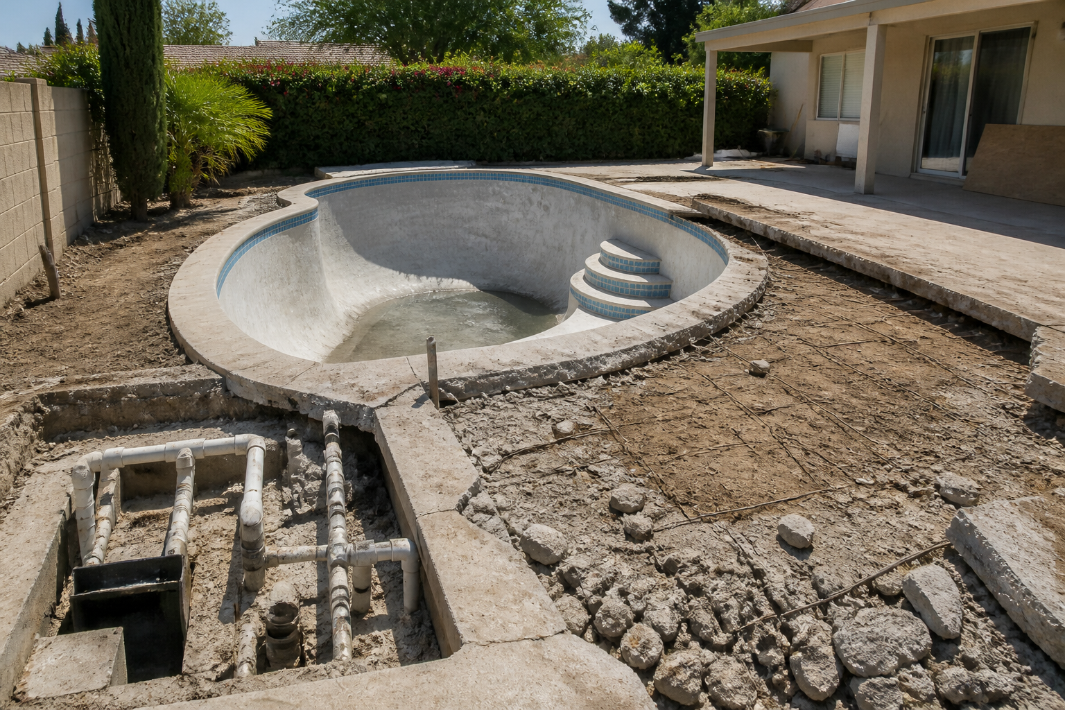 Drained swimming pool during renovation with coping removed along one side
