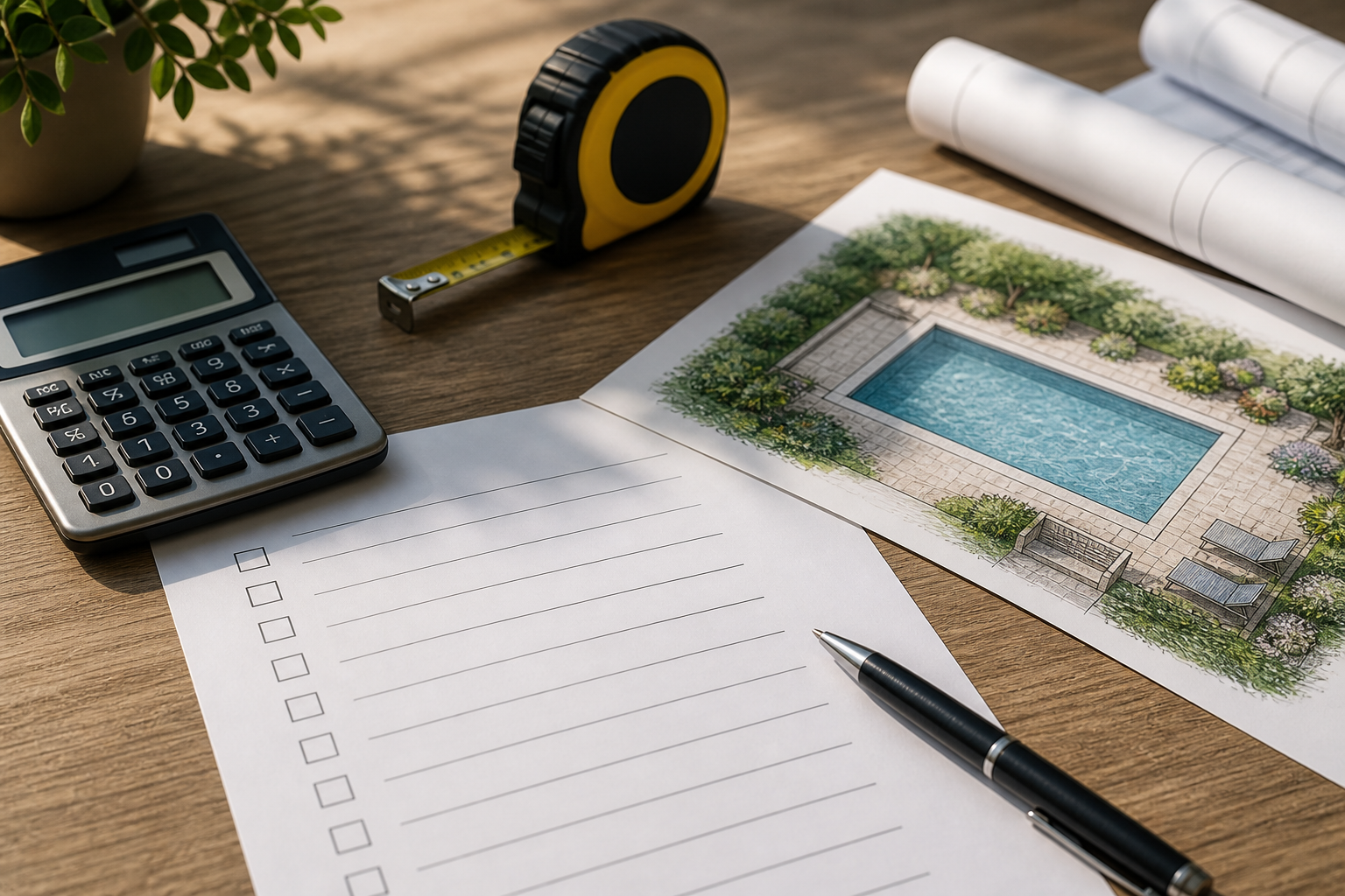 Tape measure, notebook and printed checklist on a pool deck coping