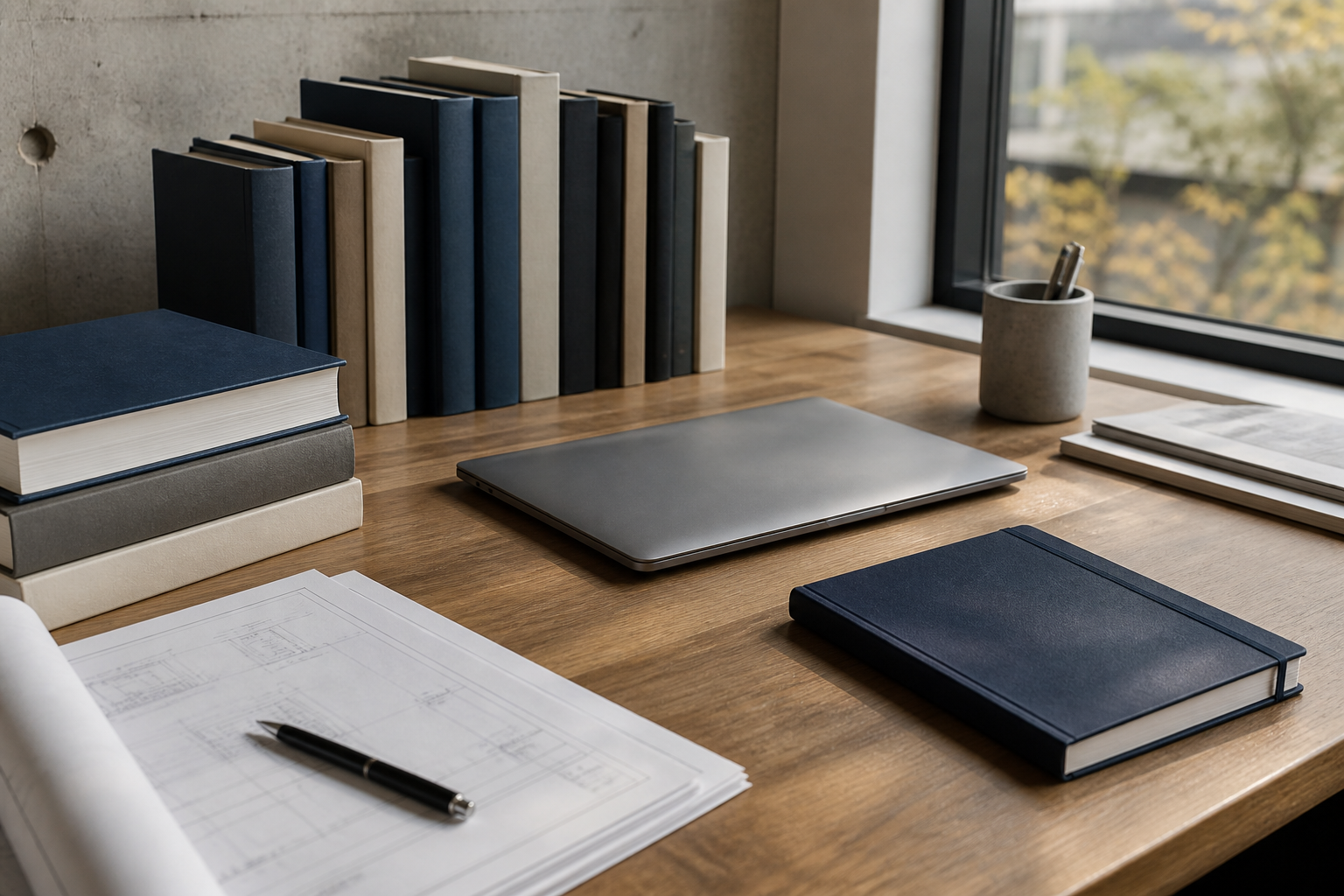 Editorial desk with pool drawings, a closed laptop and navy notebooks