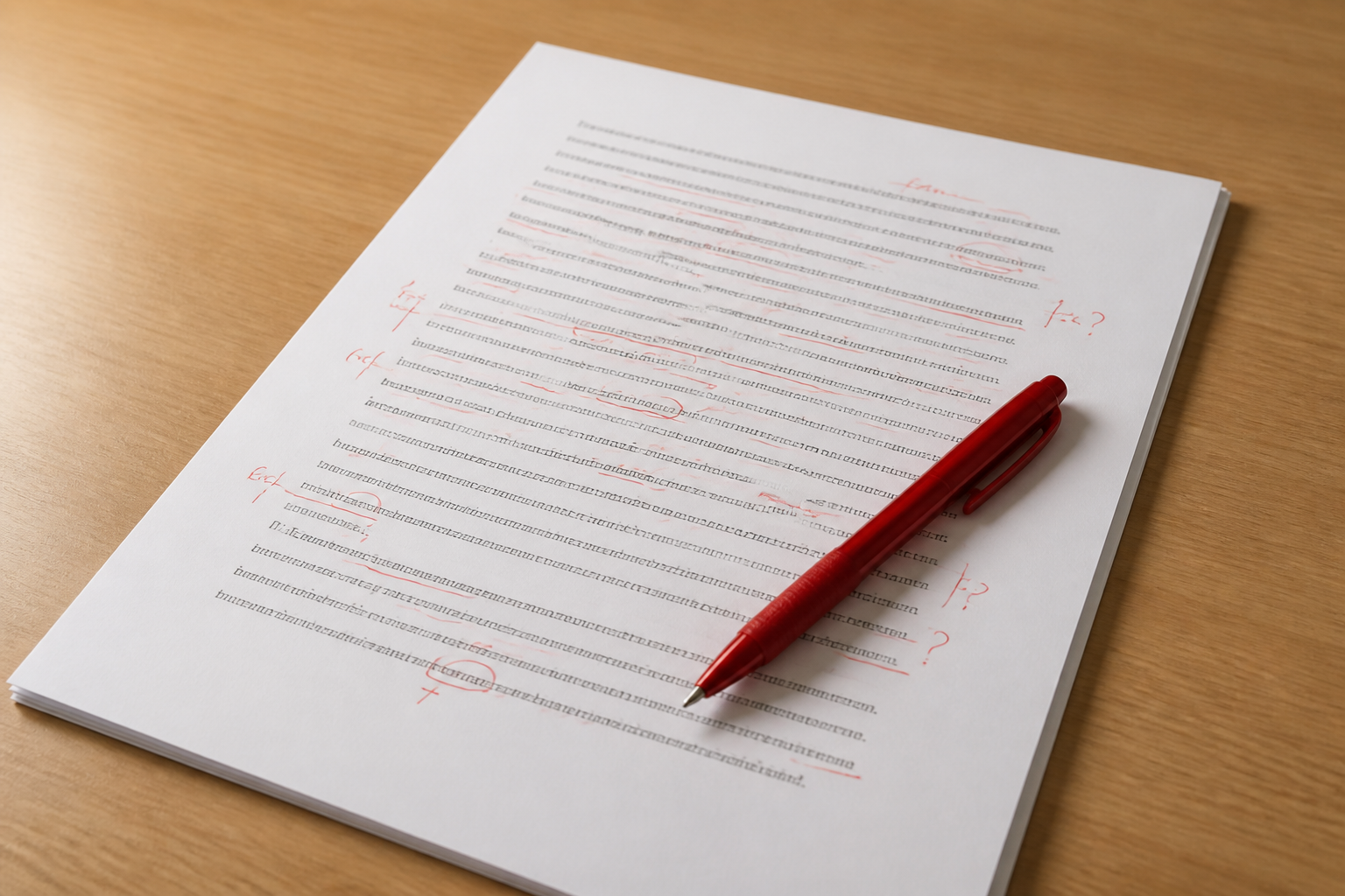 Editor marking a source list beside an open laptop